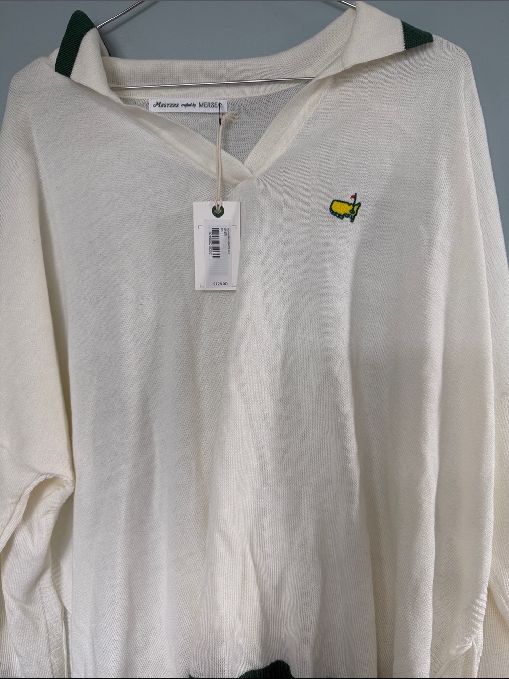 Masters Cream V-Neck Sweater with Green Trim and Yellow Logo